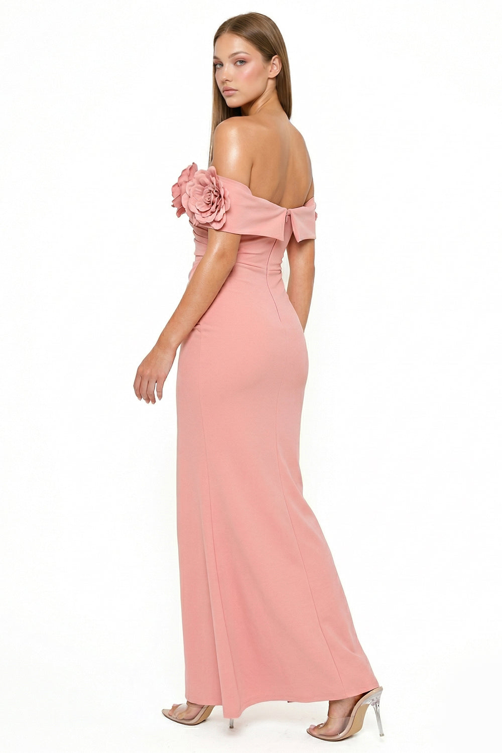 Symphony Dress - Flower Corsage On One Side Off The Shoulder Maxi Dress