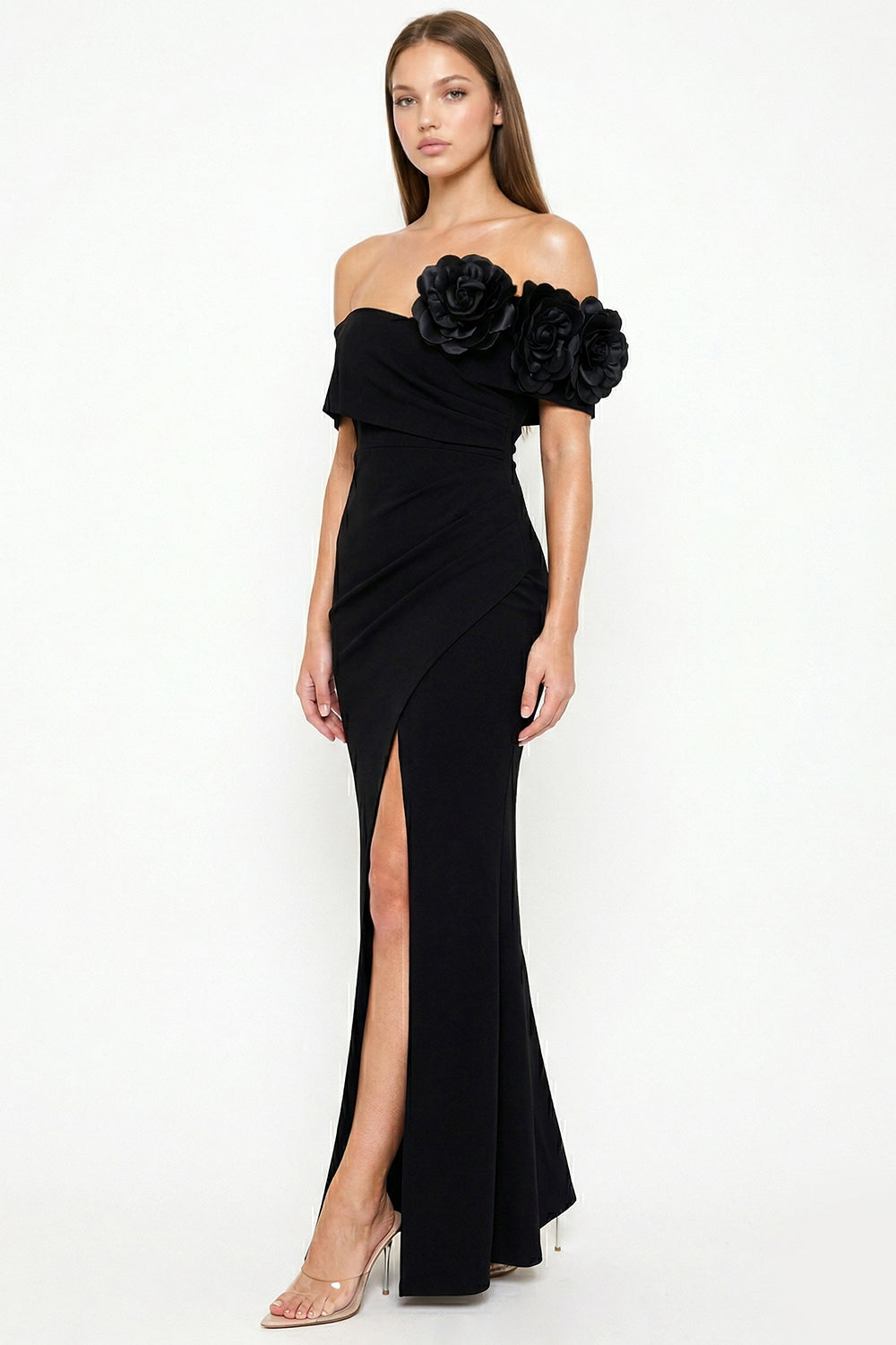Symphony Dress - Flower Corsage On One Side Off The Shoulder Maxi Dress