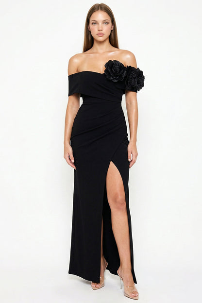 Symphony Dress - Flower Corsage On One Side Off The Shoulder Maxi Dress