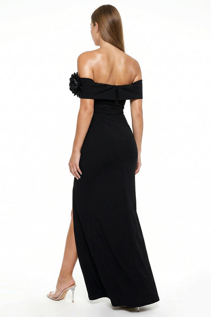 Symphony Dress - Flower Corsage On One Side Off The Shoulder Maxi Dress