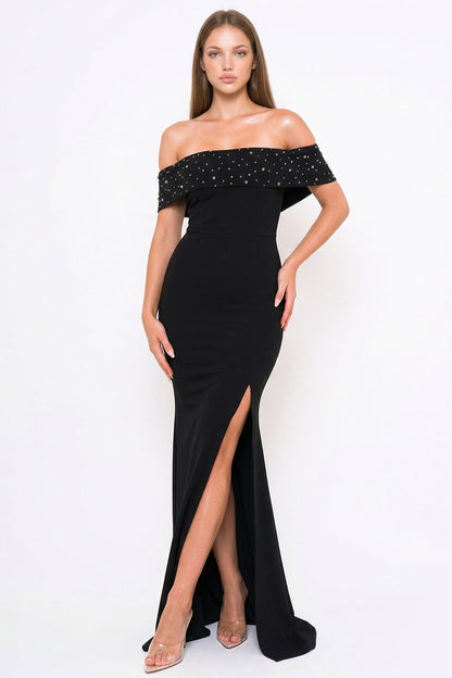 Symphony Dress - Pearl Beaded Detail Off The Shoulder Mermaid Maxi Dress