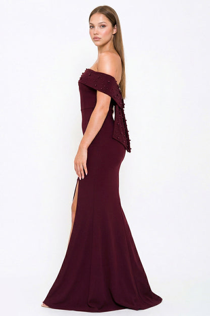 Symphony Dress - Pearl Beaded Detail Off The Shoulder Mermaid Maxi Dress