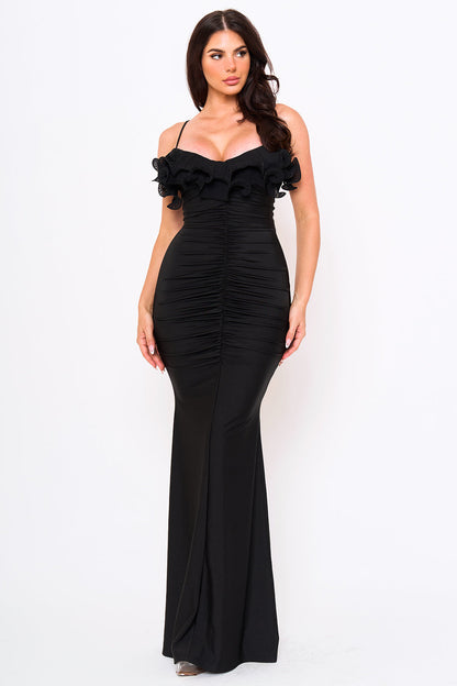 Symphony Dress - Pleated Ruffle On Power Satin Maxi Dress