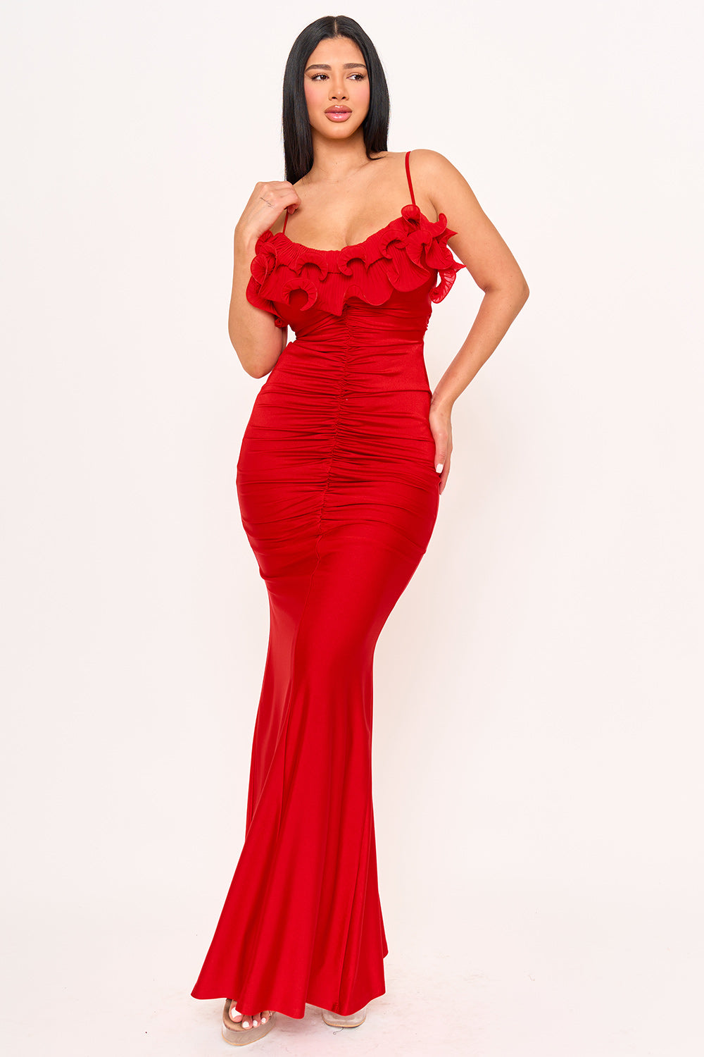 Symphony Dress - Pleated Ruffle On Power Satin Maxi Dress