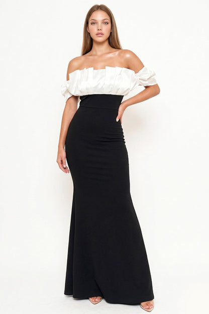Symphony Dress - Satin Ruffle And Techno Crepe Contrast Maxi Dress