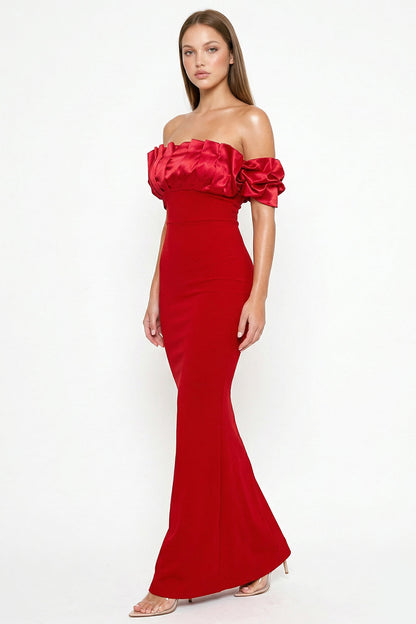 Symphony Dress - Satin Ruffle And Techno Crepe Contrast Maxi Dress