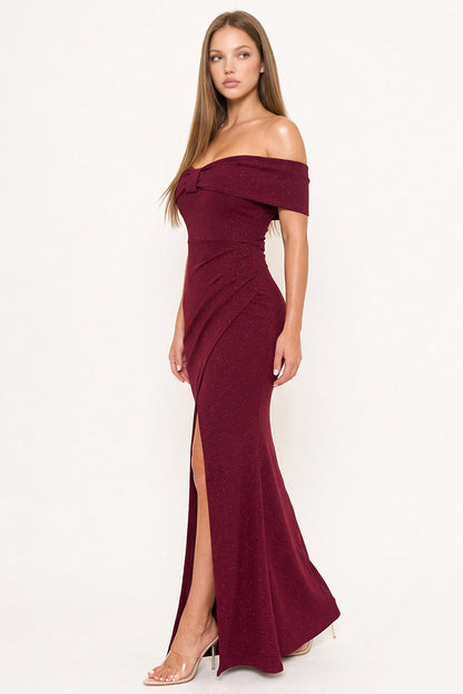 Symphony Dress - Glitter Bow Front Off The Shoulder Maxi Dress