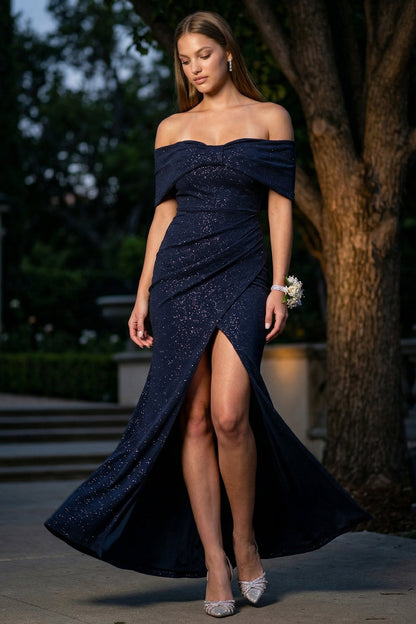 Symphony Dress - Glitter Bow Front Off The Shoulder Maxi Dress