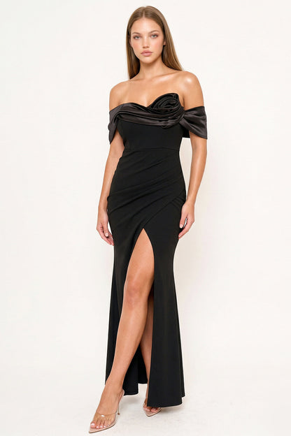 Symphony Dress - Rolled Up Flower Detail Off The Shoulder Maxi Dress