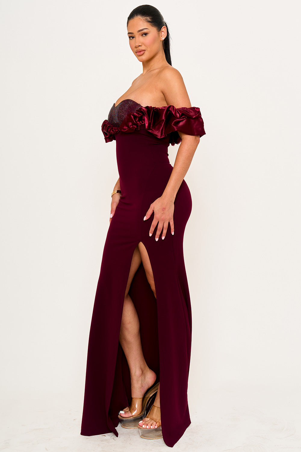 Symphony Dress - Satin Ruffle On Shoulder Maxi Dress