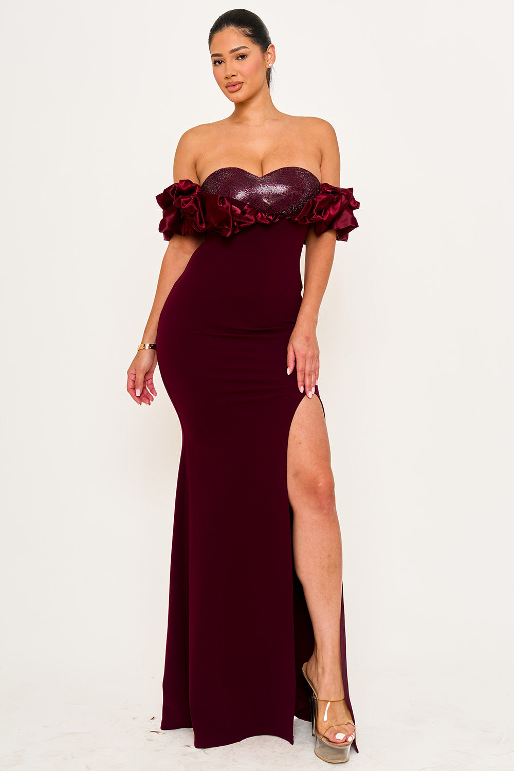 Symphony Dress - Satin Ruffle On Shoulder Maxi Dress