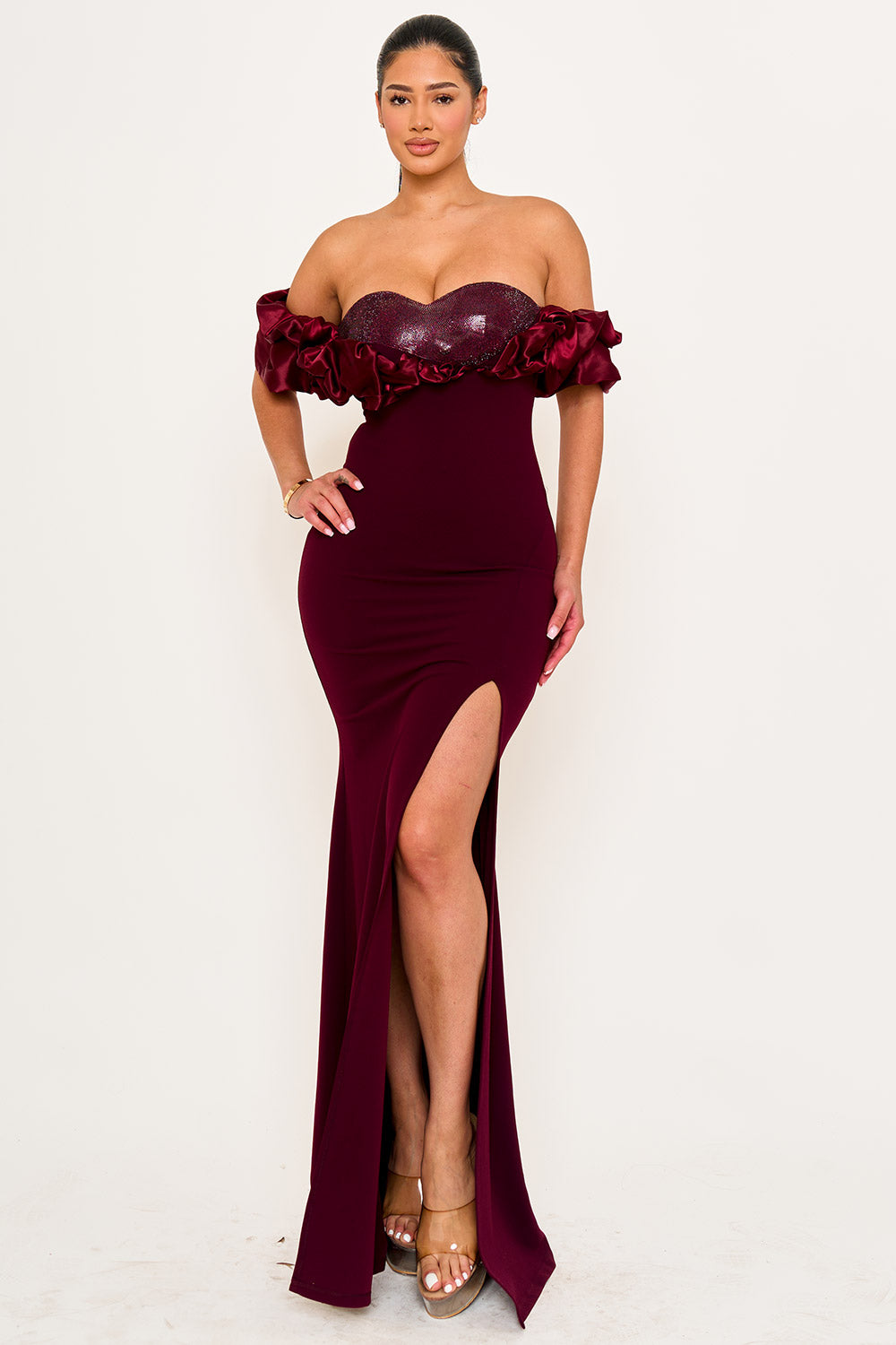 Symphony Dress - Satin Ruffle On Shoulder Maxi Dress
