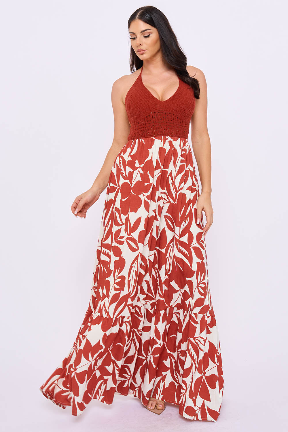 Symphony Dress - Crochet Halter Top With Printed Maxi Dress