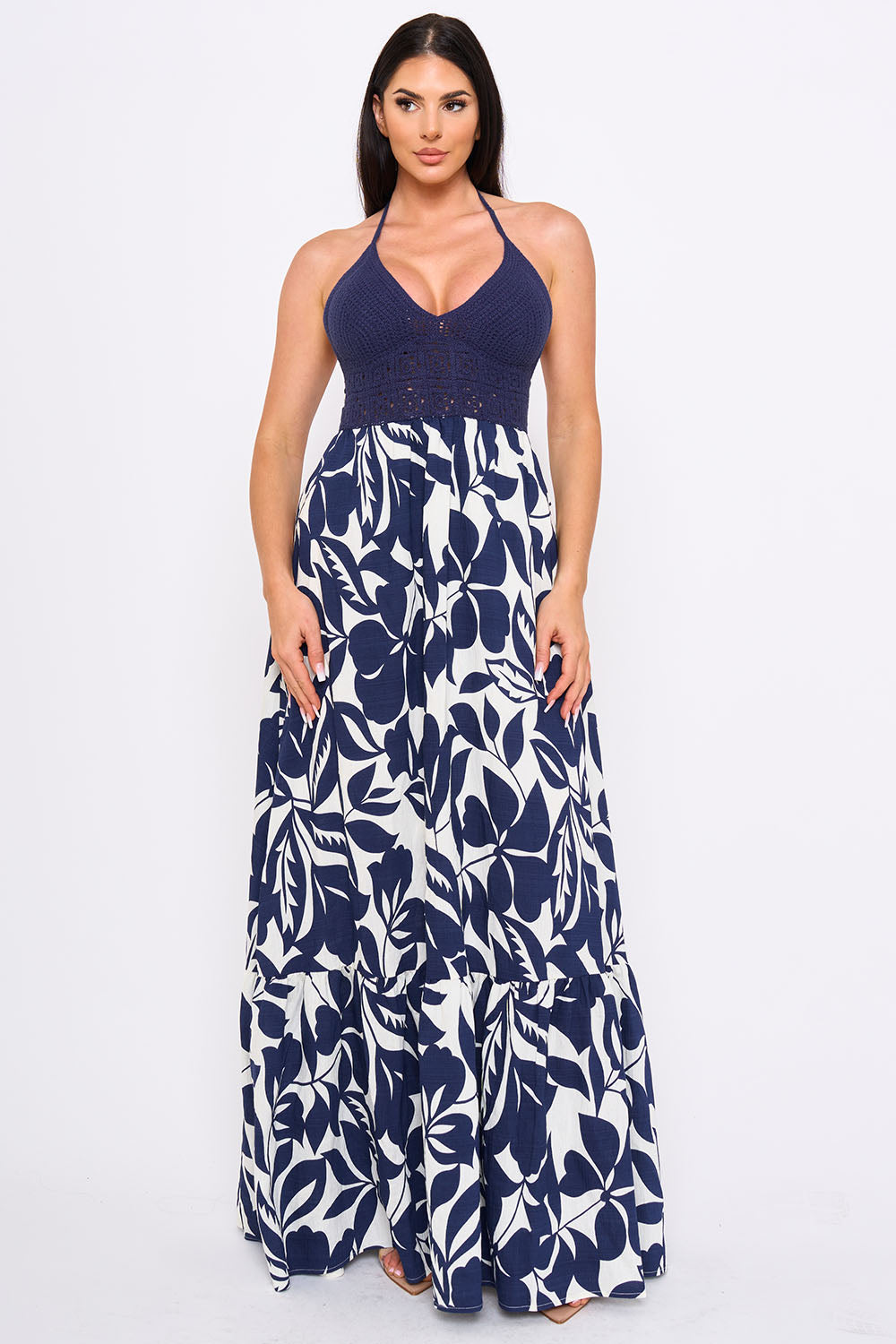 Symphony Dress - Crochet Halter Top With Printed Maxi Dress
