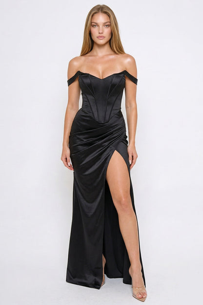Symphony Dress - Two Way Satin Off The Shoulder Maxi Dress