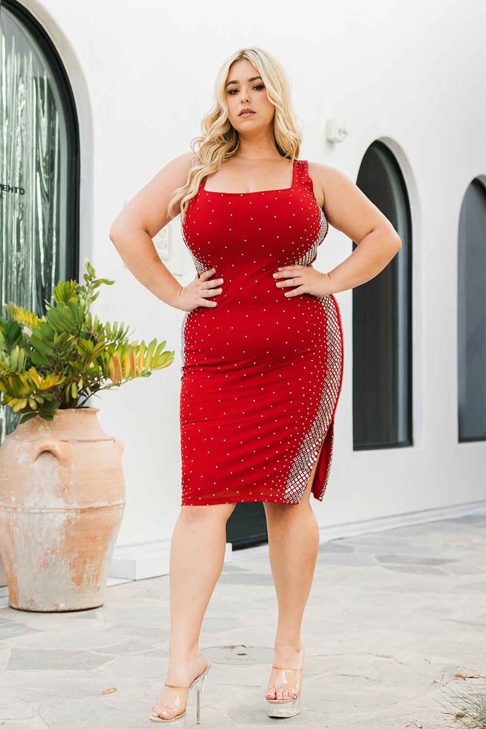 Symphony Dress - Square Rhinestone On The Side Plus Size Night Out Midi Dress