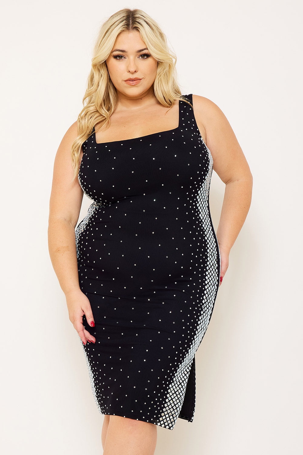 Symphony Dress - Square Rhinestone On The Side Plus Size Night Out Midi Dress