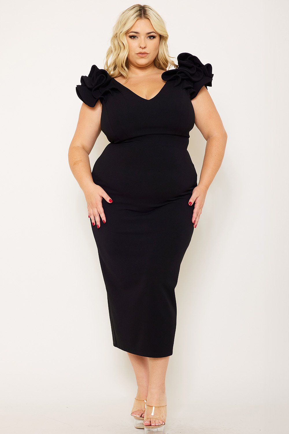 Plus Size Night Out Symphony Dress - Ruffle Detail Shoulder Plus Size Night Out Midi Dress