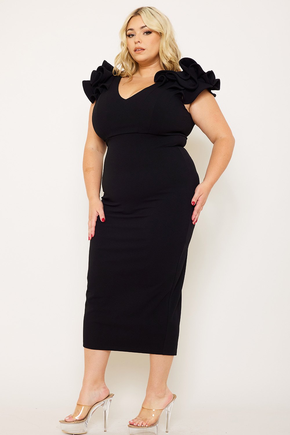 Plus Size Night Out Symphony Dress - Ruffle Detail Shoulder Plus Size Night Out Midi Dress