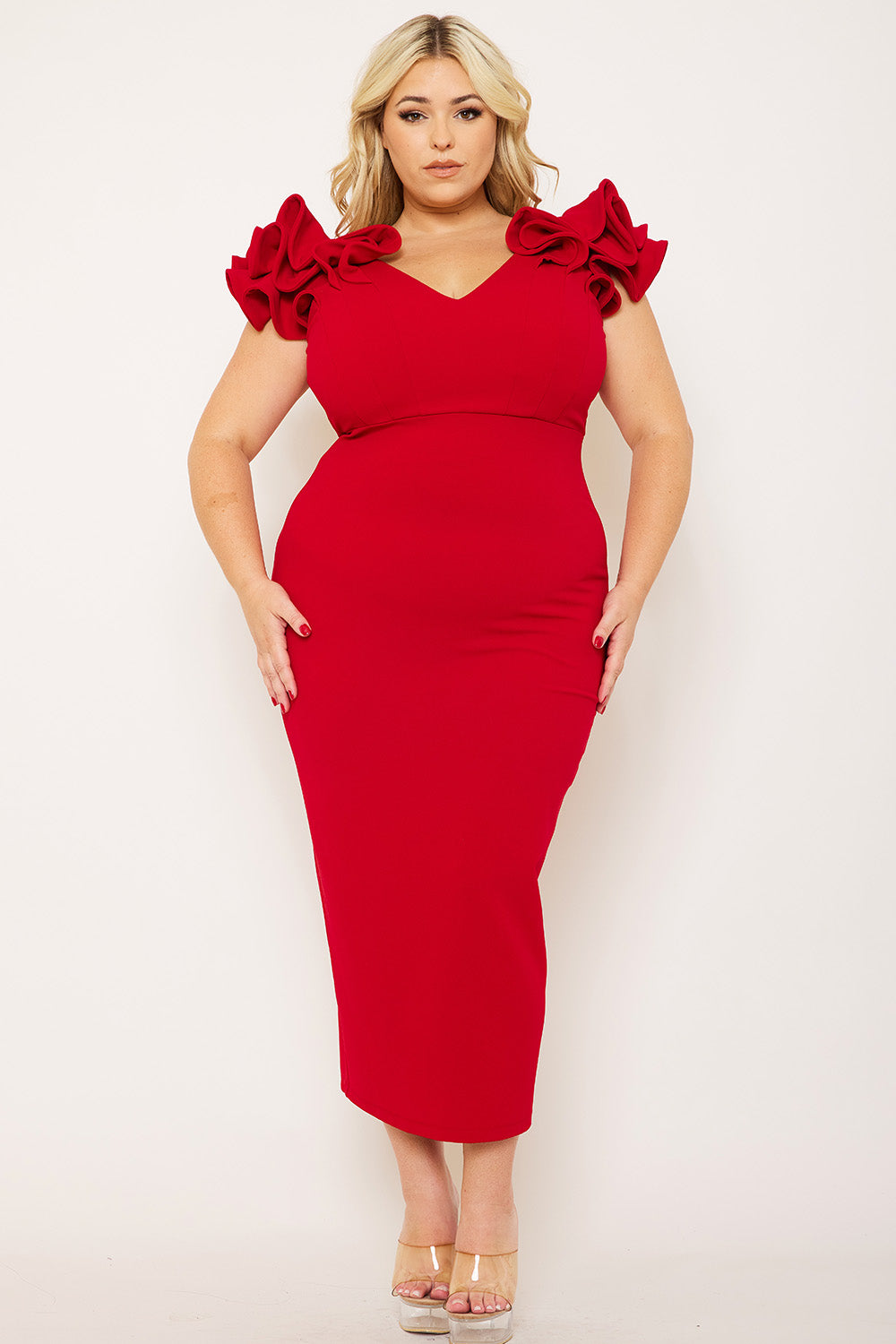 Plus Size Night Out Symphony Dress - Ruffle Detail Shoulder Plus Size Night Out Midi Dress