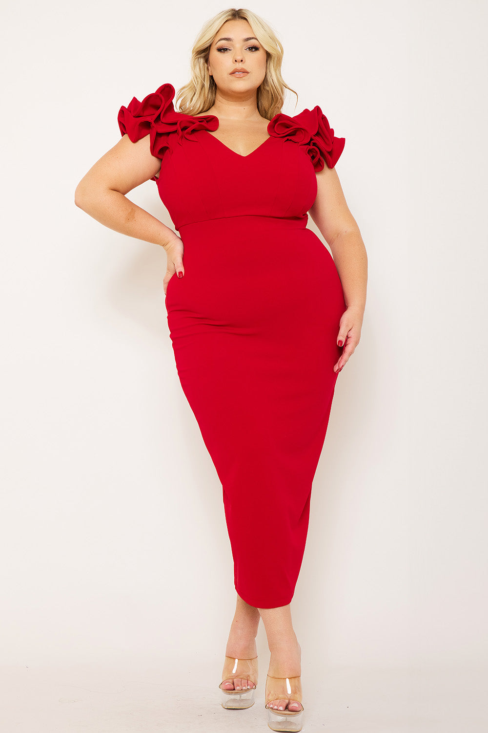Plus Size Night Out Symphony Dress - Ruffle Detail Shoulder Plus Size Night Out Midi Dress
