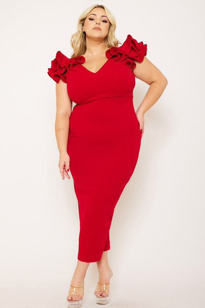 Plus Size Night Out Symphony Dress - Ruffle Detail Shoulder Plus Size Night Out Midi Dress