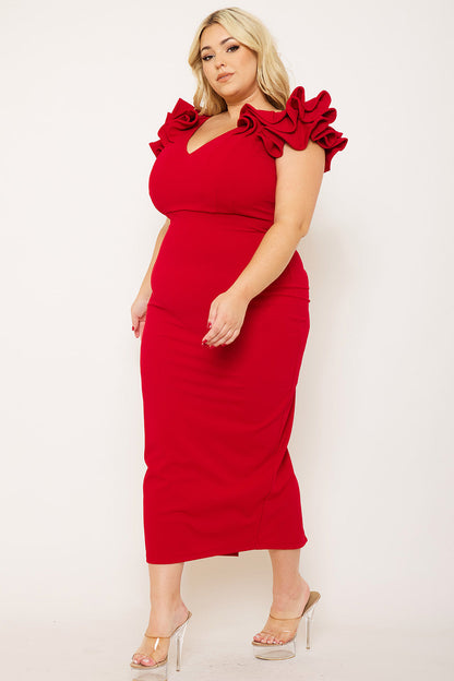 Plus Size Night Out Symphony Dress - Ruffle Detail Shoulder Plus Size Night Out Midi Dress