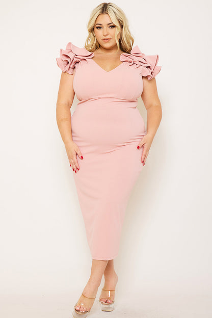 Plus Size Night Out Symphony Dress - Ruffle Detail Shoulder Plus Size Night Out Midi Dress