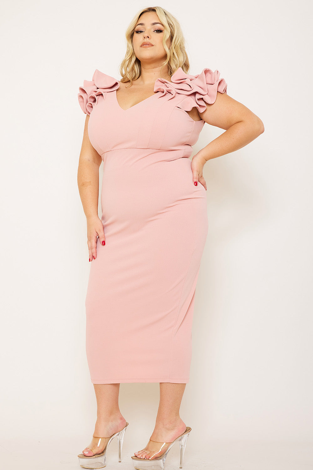 Plus Size Night Out Symphony Dress - Ruffle Detail Shoulder Plus Size Night Out Midi Dress