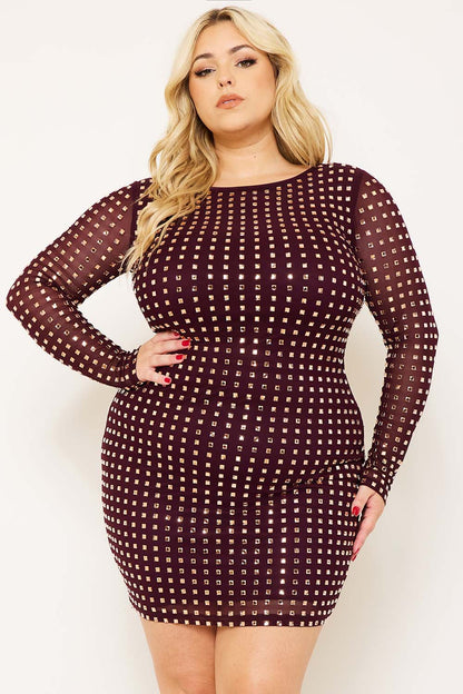 Symphony Dress - Square Rhinestone Long Sleeve Plus Size Night Out Mini Dress