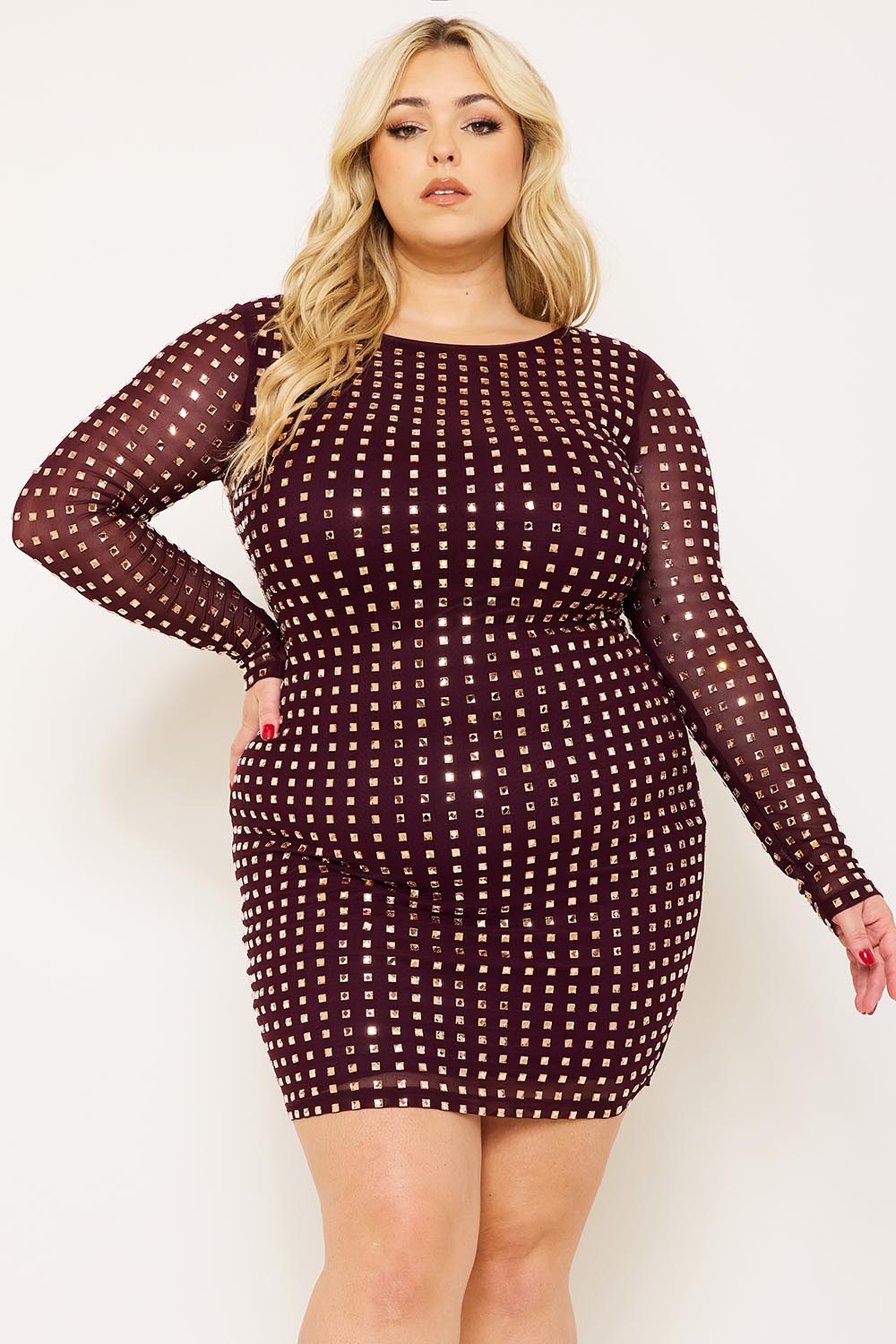 Symphony Dress - Square Rhinestone Long Sleeve Plus Size Night Out Mini Dress