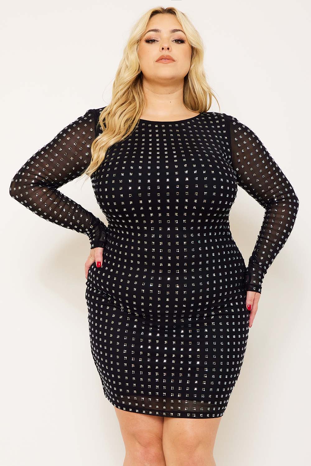 Symphony Dress - Square Rhinestone Long Sleeve Plus Size Night Out Mini Dress