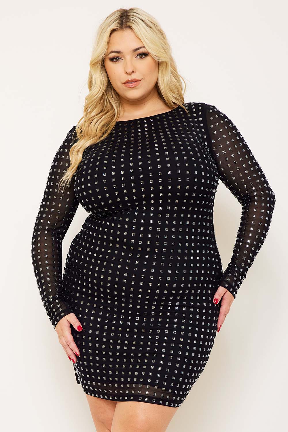 Symphony Dress - Square Rhinestone Long Sleeve Plus Size Night Out Mini Dress