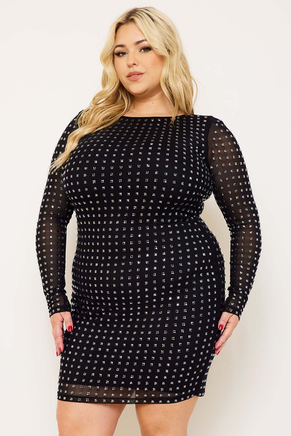 Symphony Dress - Square Rhinestone Long Sleeve Plus Size Night Out Mini Dress