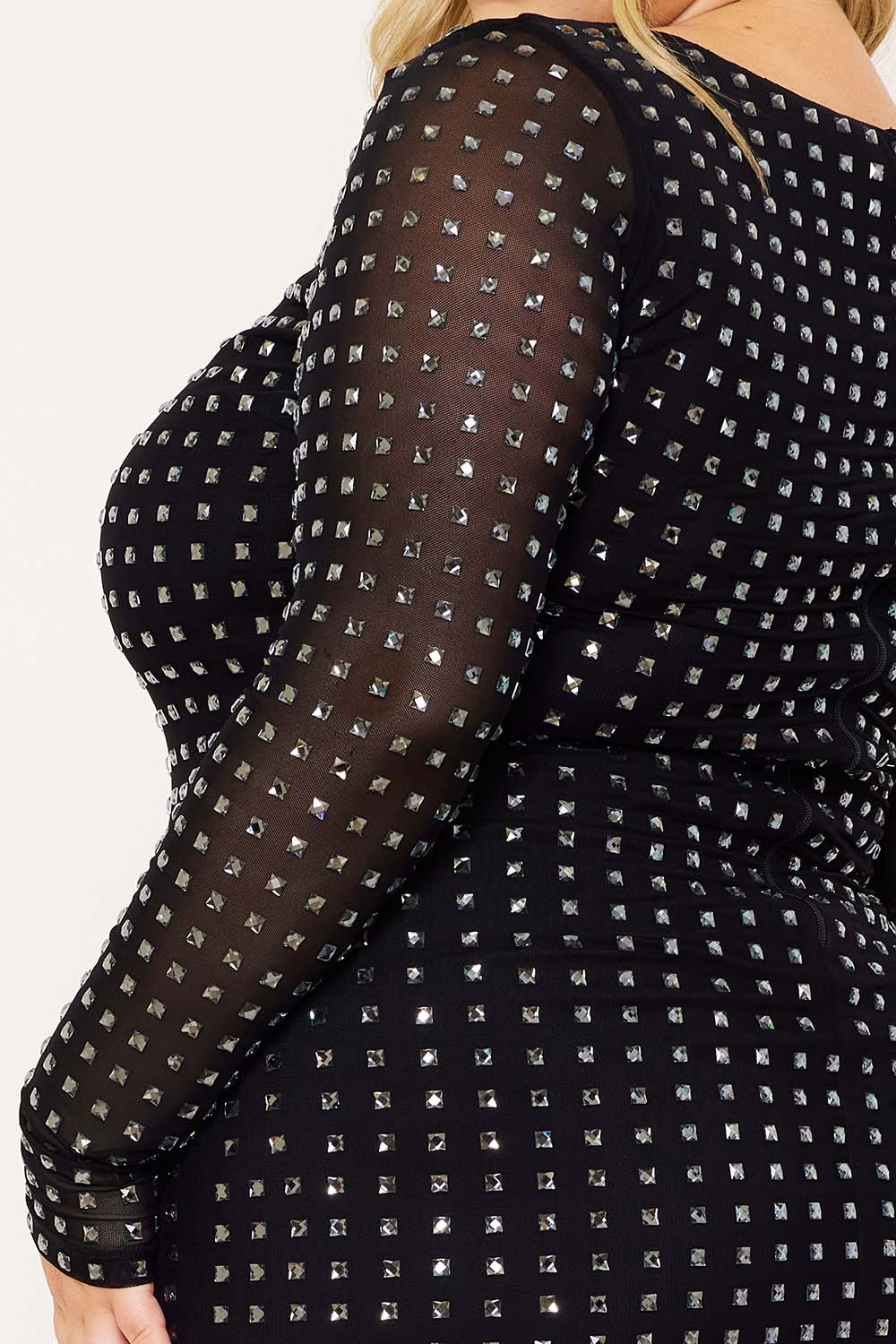Symphony Dress - Square Rhinestone Long Sleeve Plus Size Night Out Mini Dress