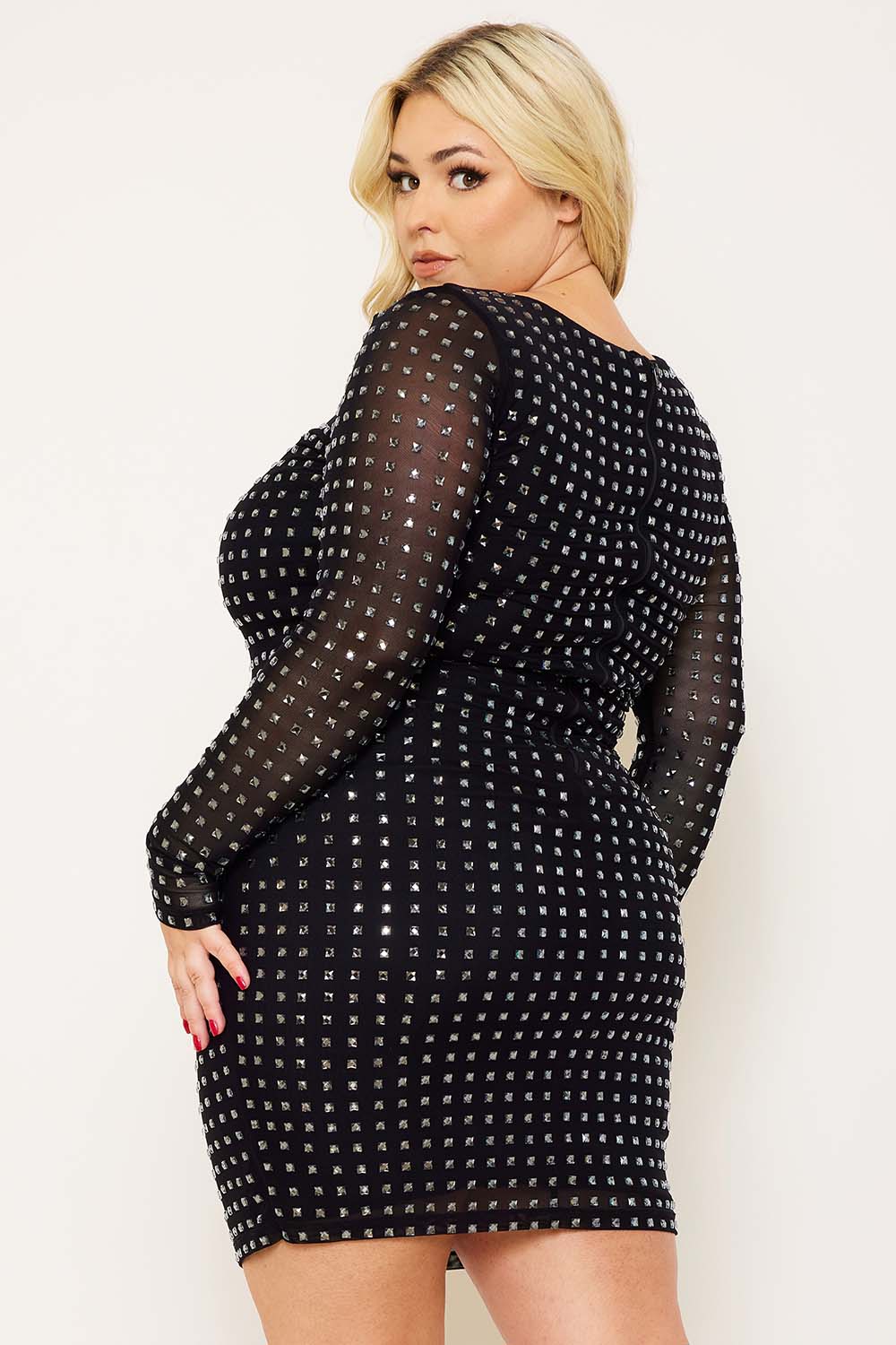 Symphony Dress - Square Rhinestone Long Sleeve Plus Size Night Out Mini Dress