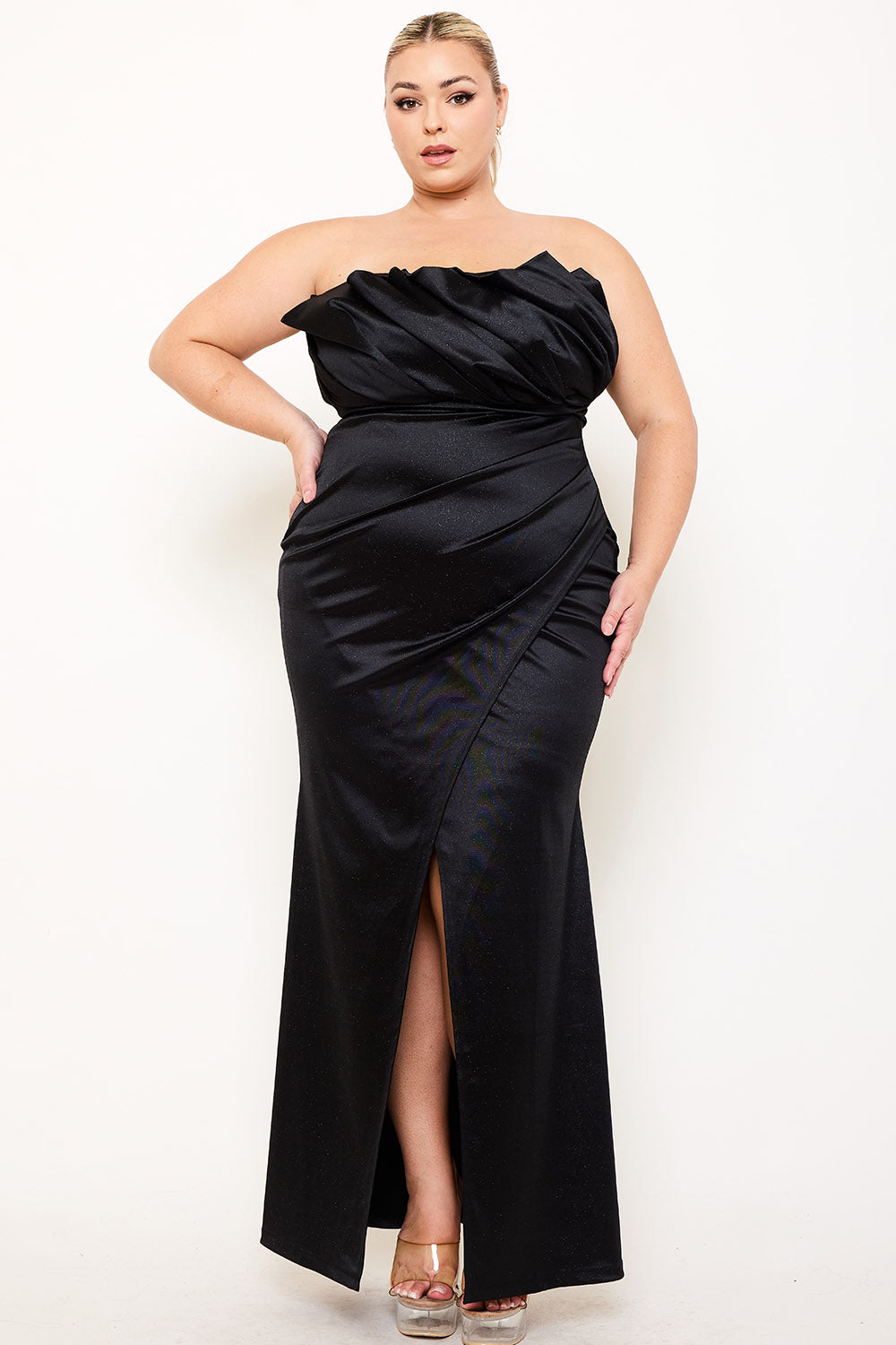 Symphony Dress - Glittered Satin Pleated Plus Size Maxi Dress