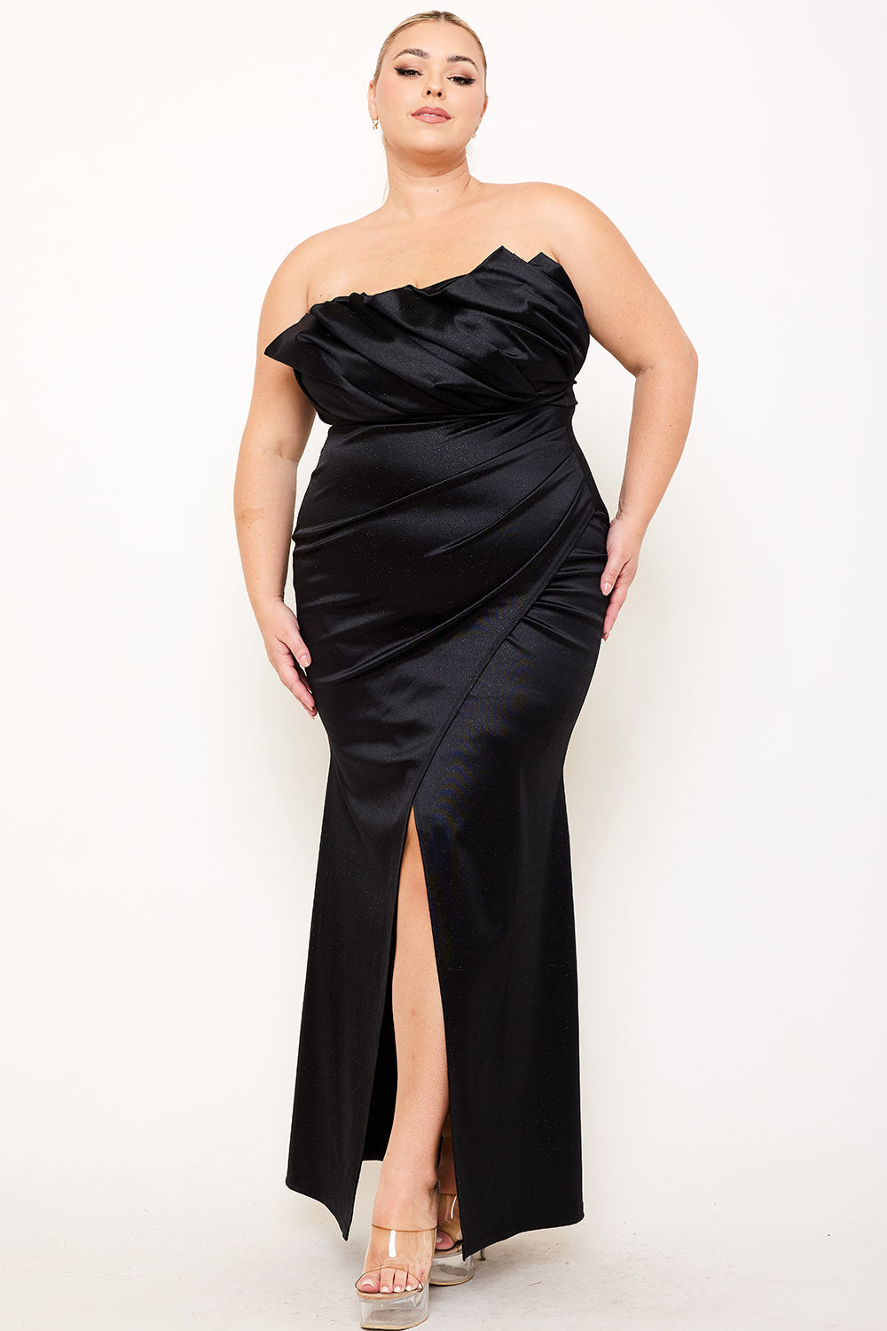 Symphony Dress - Glittered Satin Pleated Plus Size Maxi Dress