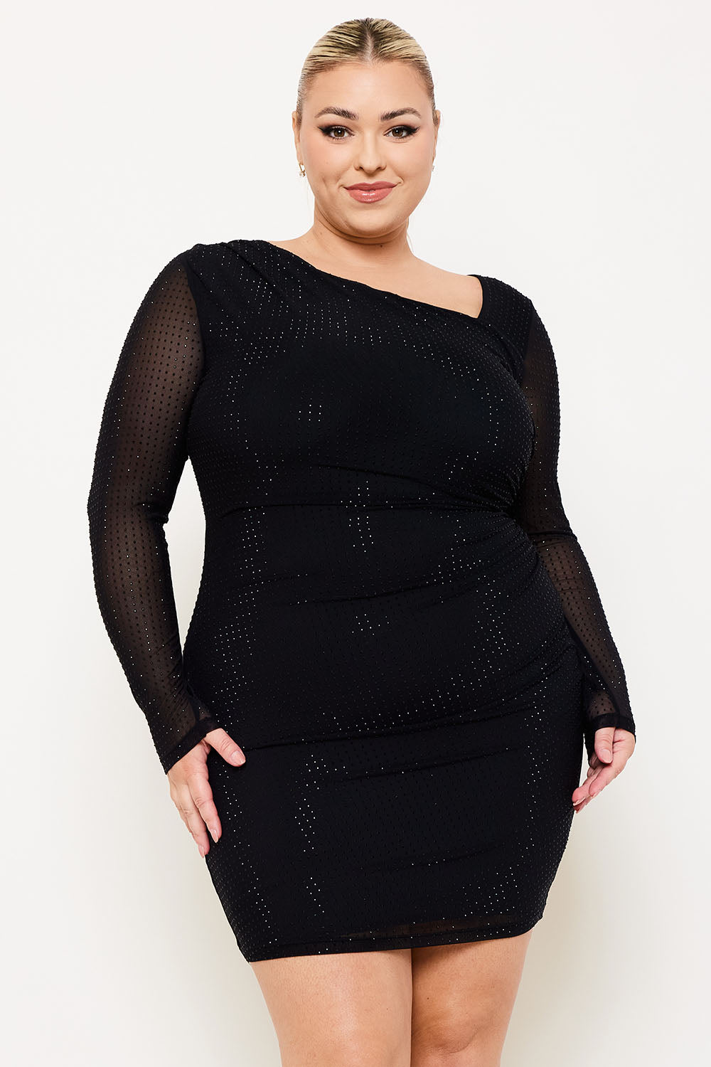 Symphony Dress - Rhinestone On Power Mesh Plus Size Night Out Mini Dress
