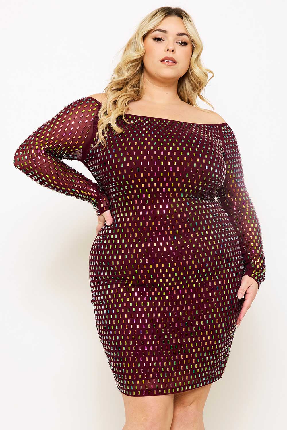 Symphony Dress - Rhinestone On Power Mesh Off The Shoulder Night Out Plus Size Mini Dress