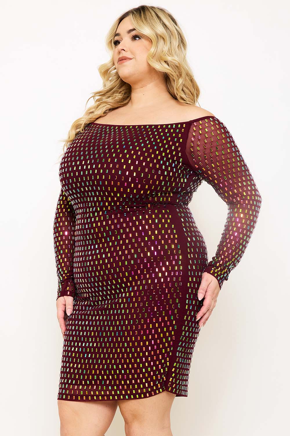 Symphony Dress - Rhinestone On Power Mesh Off The Shoulder Night Out Plus Size Mini Dress