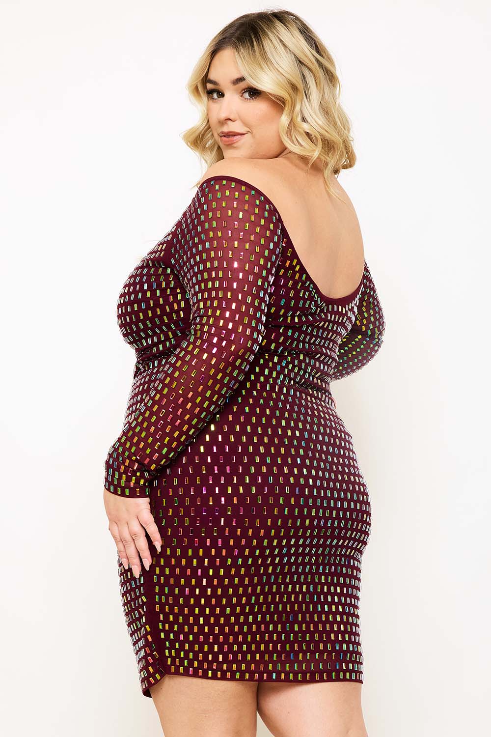 Symphony Dress - Rhinestone On Power Mesh Off The Shoulder Night Out Plus Size Mini Dress
