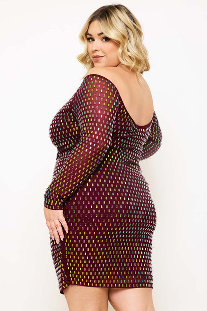 Symphony Dress - Rhinestone On Power Mesh Off The Shoulder Night Out Plus Size Mini Dress