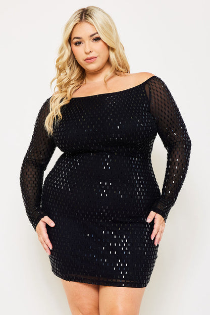 Symphony Dress - Rhinestone On Power Mesh Off The Shoulder Night Out Plus Size Mini Dress