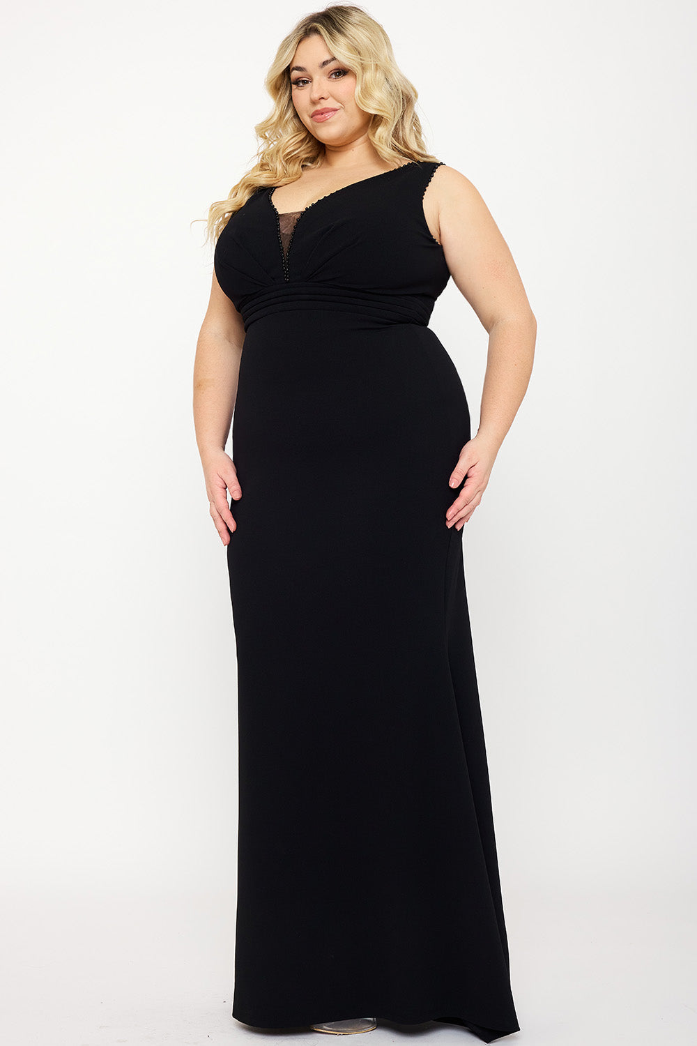 Symphony Dress - Mesh Detailed On Bust Pleated Plus Size Maxi Dress