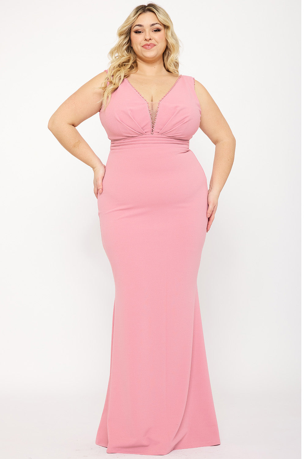 Symphony Dress - Mesh Detailed On Bust Pleated Plus Size Maxi Dress