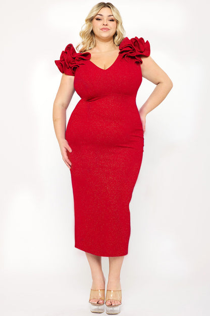 Plus Size Night Out Symphony Dress- Glitter Ruffle Shoulders Night Out Plus Size Midi Dress