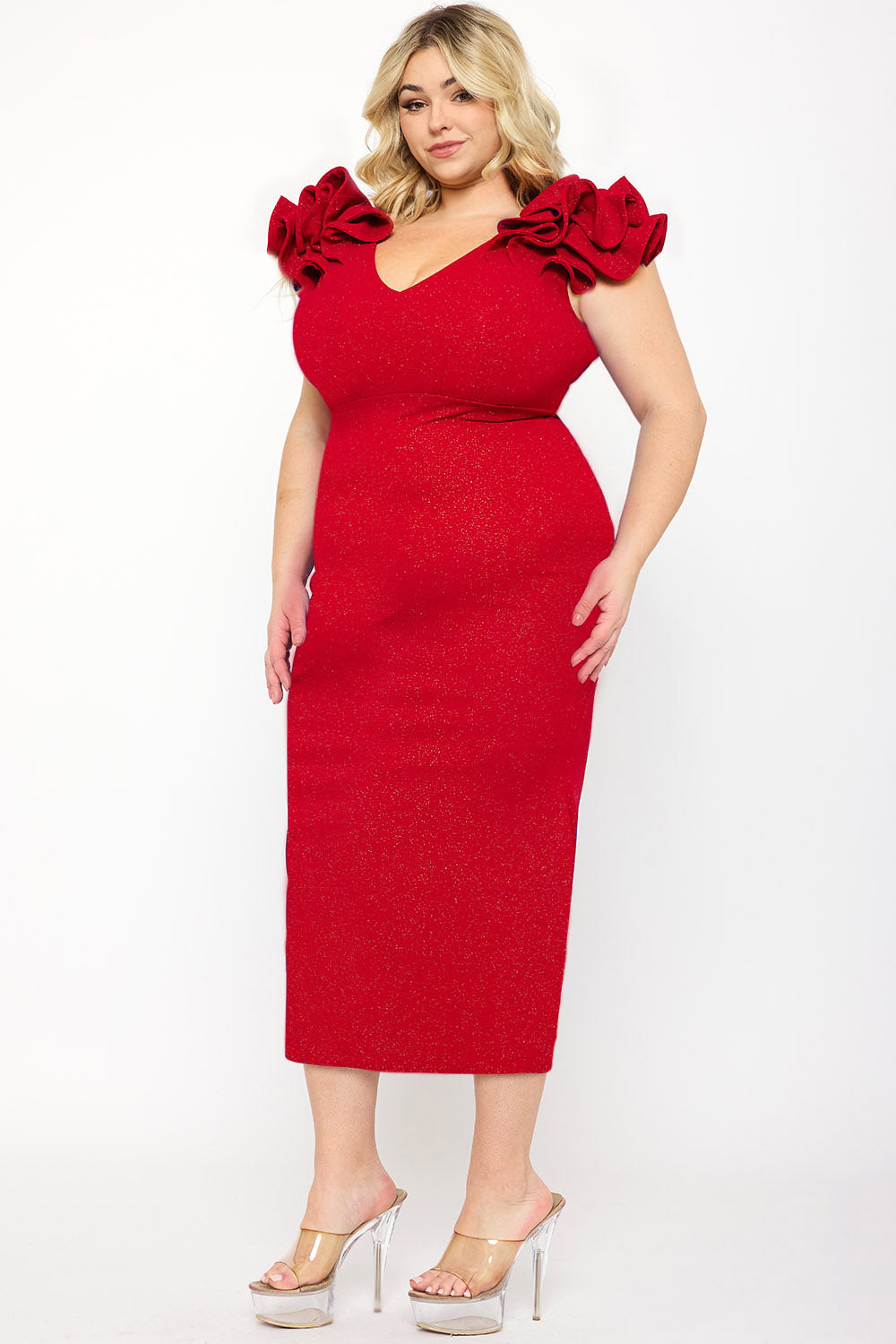 Plus Size Night Out Symphony Dress- Glitter Ruffle Shoulders Night Out Plus Size Midi Dress
