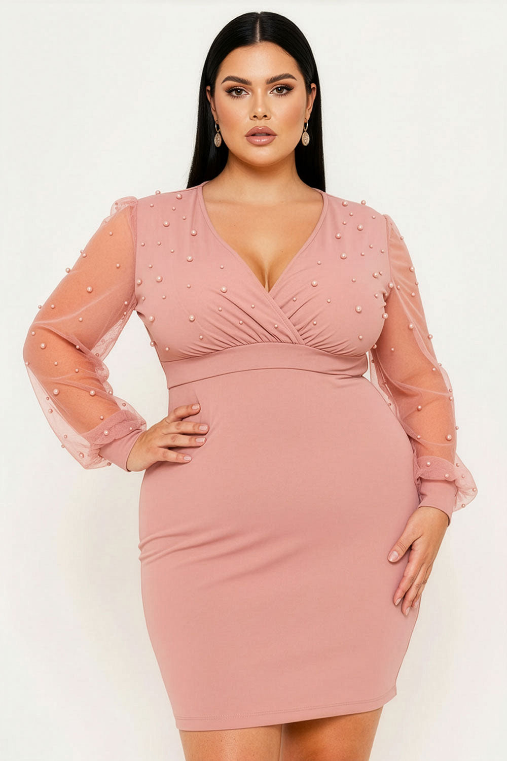 Plus Size Night Out Symphony Dress - Pearl Beaded Mesh Mini Dress