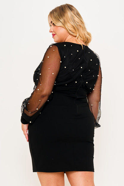 Plus Size Night Out Symphony Dress - Pearl Beaded Mesh Mini Dress